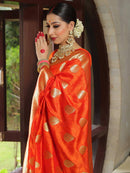 Royal Orange Banarasi Silk Saree with Gold Zari Polka Motifs & Rich Woven Pallu