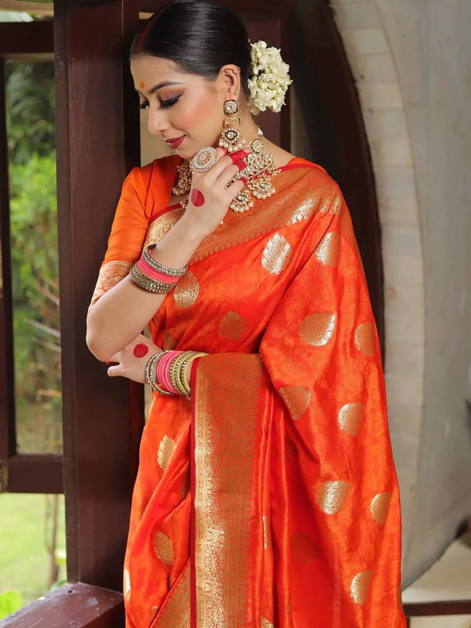 Royal Orange Banarasi Silk Saree with Gold Zari Polka Motifs & Rich Woven Pallu