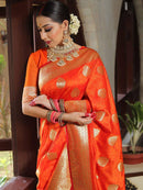 Royal Orange Banarasi Silk Saree with Gold Zari Polka Motifs & Rich Woven Pallu