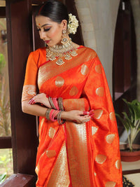 Royal Orange Banarasi Silk Saree with Gold Zari Polka Motifs & Rich Woven Pallu