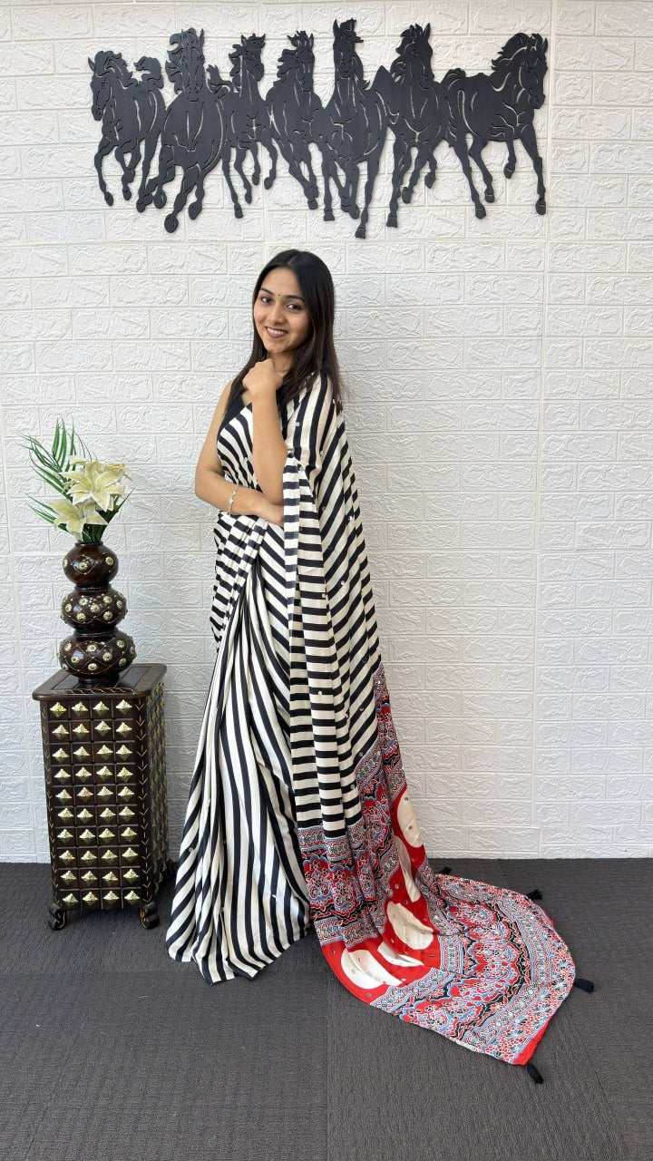 Black & White Striped Cotton Saree with Artistic Red Designer Pallu