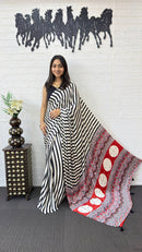 Black & White Striped Cotton Saree with Artistic Red Designer Pallu