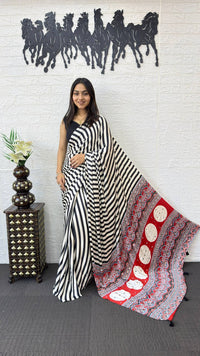 Black & White Striped Cotton Saree with Artistic Red Designer Pallu