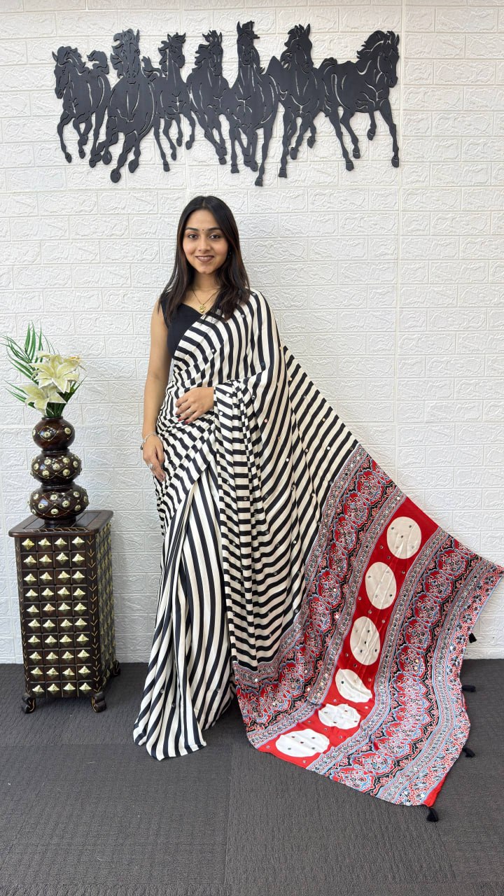 Black & White Striped Cotton Saree with Artistic Red Designer Pallu