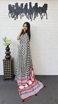 Black & White Striped Cotton Saree with Artistic Red Designer Pallu