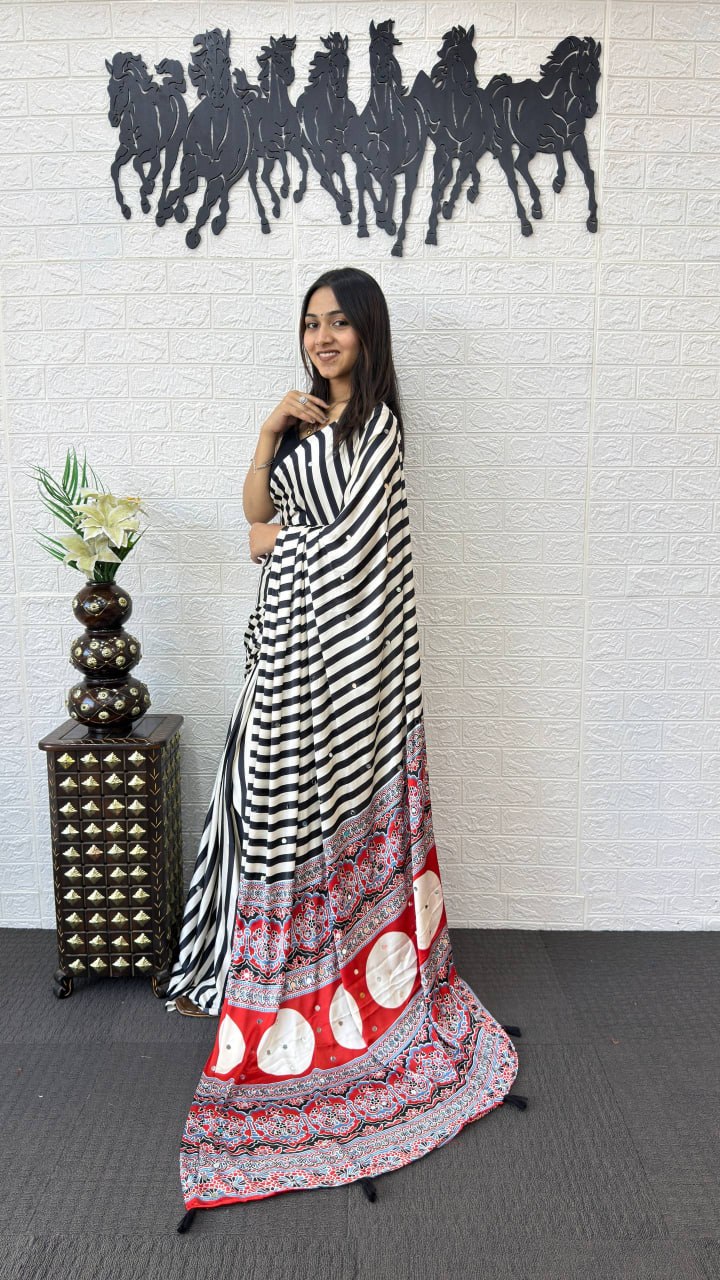 Black & White Striped Cotton Saree with Artistic Red Designer Pallu