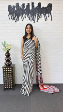 Black & White Striped Cotton Saree with Artistic Red Designer Pallu