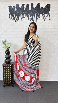 Black & White Striped Cotton Saree with Artistic Red Designer Pallu