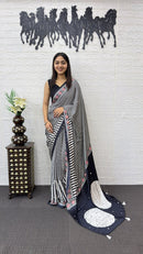 Classic Black & White Striped Cotton Saree with Artistic Printed Pallu
