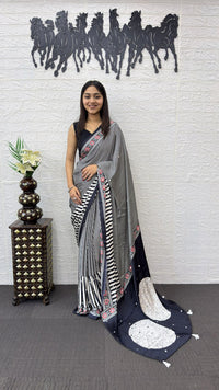 Classic Black & White Striped Cotton Saree with Artistic Printed Pallu