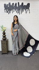 Classic Black & White Striped Cotton Saree with Artistic Printed Pallu