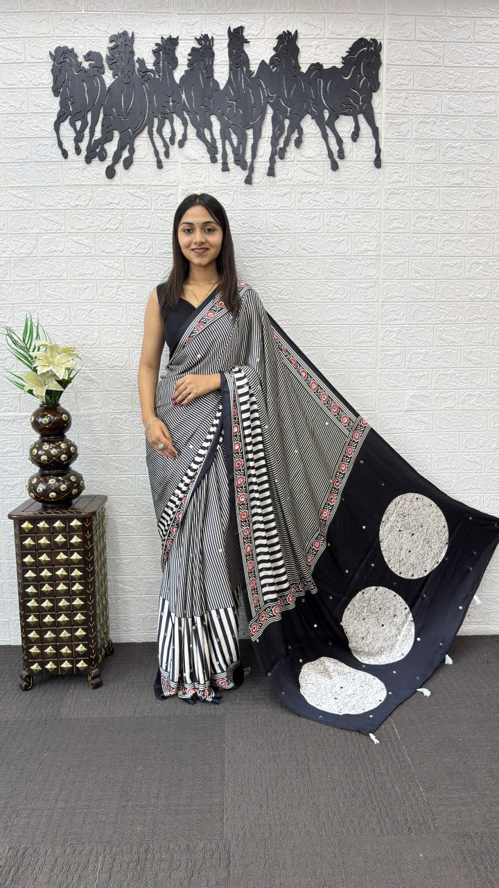 Classic Black & White Striped Cotton Saree with Artistic Printed Pallu