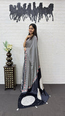 Classic Black & White Striped Cotton Saree with Artistic Printed Pallu