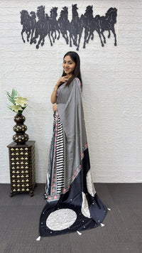 Classic Black & White Striped Cotton Saree with Artistic Printed Pallu