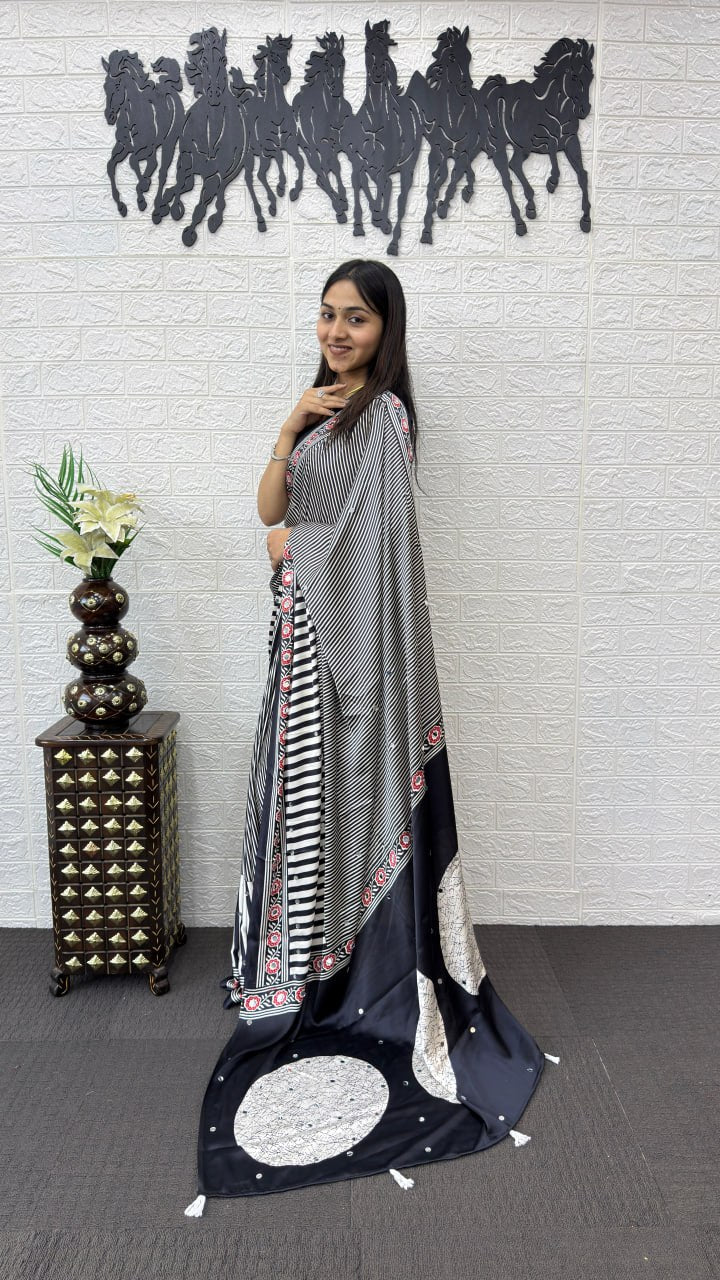 Classic Black & White Striped Cotton Saree with Artistic Printed Pallu