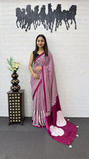 Wine Pink Striped Cotton Saree with Artistic Printed Pallu