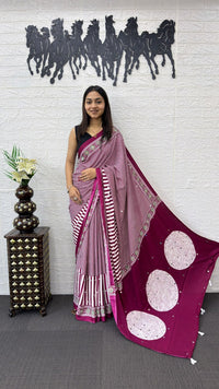 Wine Pink Striped Cotton Saree with Artistic Printed Pallu