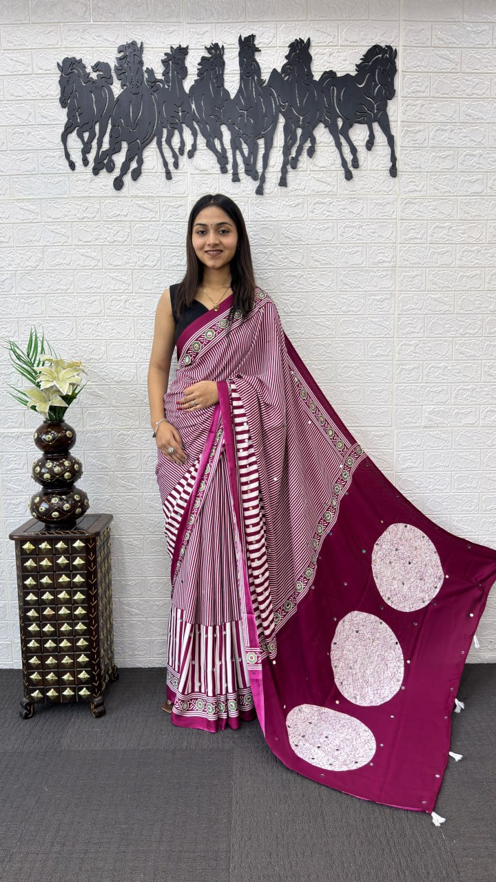 Wine Pink Striped Cotton Saree with Artistic Printed Pallu