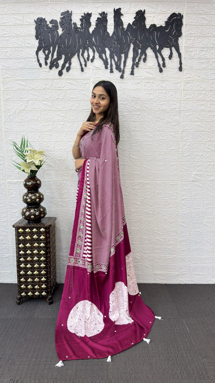 Wine Pink Striped Cotton Saree with Artistic Printed Pallu