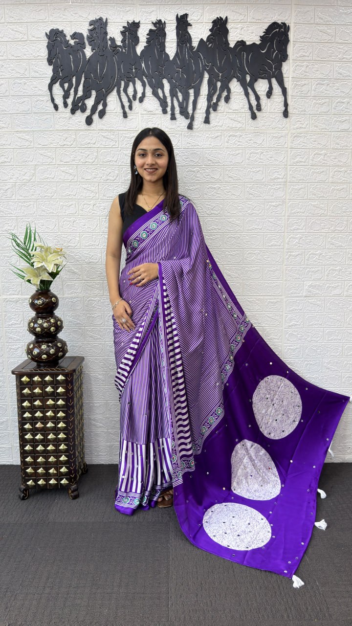 Royal Purple Striped Cotton Saree with Artistic Printed Pallu