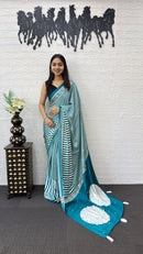 Teal Blue Striped Cotton Saree with Artistic Printed Pallu