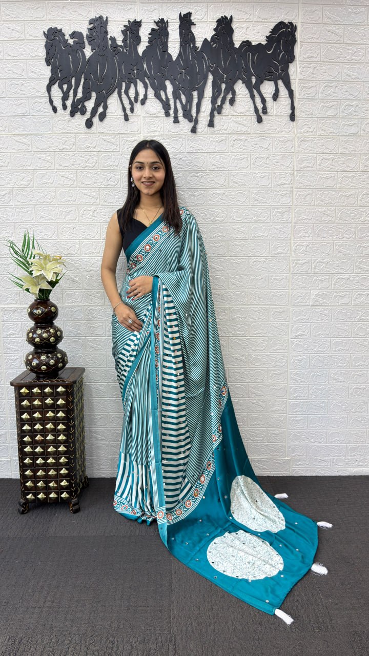 Teal Blue Striped Cotton Saree with Artistic Printed Pallu