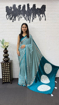 Teal Blue Striped Cotton Saree with Artistic Printed Pallu