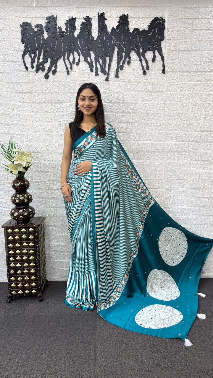 Teal Blue Striped Cotton Saree with Artistic Printed Pallu