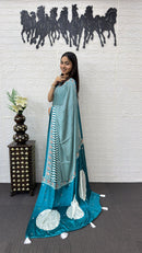 Teal Blue Striped Cotton Saree with Artistic Printed Pallu
