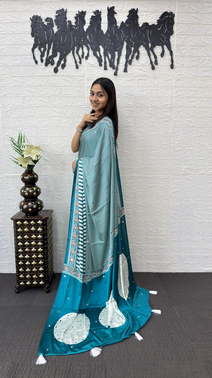 Teal Blue Striped Cotton Saree with Artistic Printed Pallu