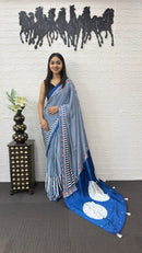 Royal Blue Striped Cotton Saree with Artistic Printed Pallu