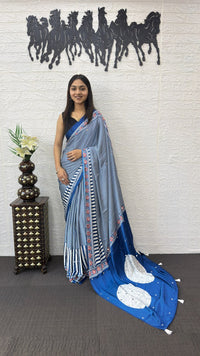Royal Blue Striped Cotton Saree with Artistic Printed Pallu