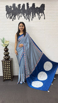 Royal Blue Striped Cotton Saree with Artistic Printed Pallu