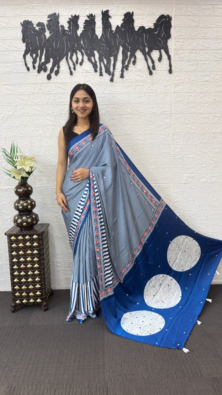 Royal Blue Striped Cotton Saree with Artistic Printed Pallu