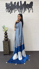 Royal Blue Striped Cotton Saree with Artistic Printed Pallu