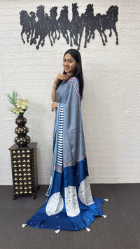 Royal Blue Striped Cotton Saree with Artistic Printed Pallu