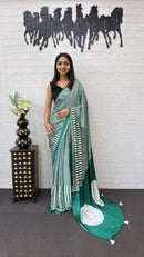 Emerald Green Striped Cotton Saree with Artistic Printed Pallu