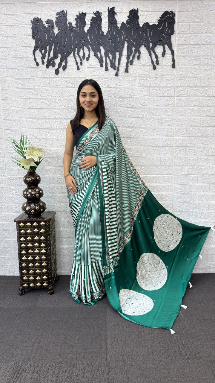Emerald Green Striped Cotton Saree with Artistic Printed Pallu
