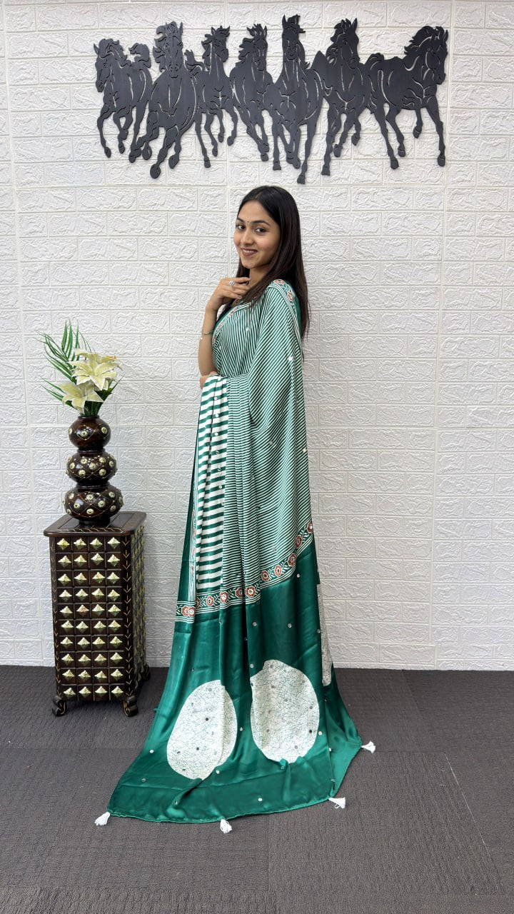 Emerald Green Striped Cotton Saree with Artistic Printed Pallu