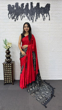 Crimson Red Cotton Saree with Black Bandhani Inspired Designer Pallu