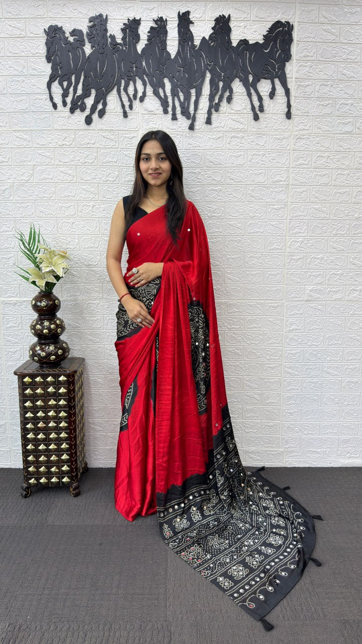 Crimson Red Cotton Saree with Black Bandhani Inspired Designer Pallu