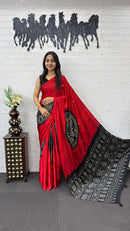 Crimson Red Cotton Saree with Black Bandhani Inspired Designer Pallu