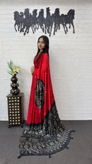 Crimson Red Cotton Saree with Black Bandhani Inspired Designer Pallu