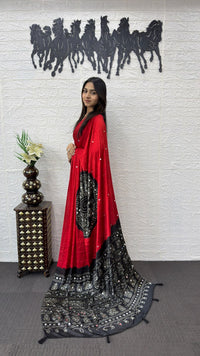 Crimson Red Cotton Saree with Black Bandhani Inspired Designer Pallu
