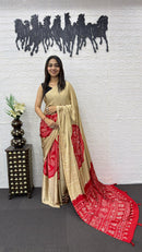 Beige Cotton Saree with Red Bandhani Inspired Designer Pallu