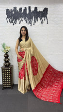 Beige Cotton Saree with Red Bandhani Inspired Designer Pallu