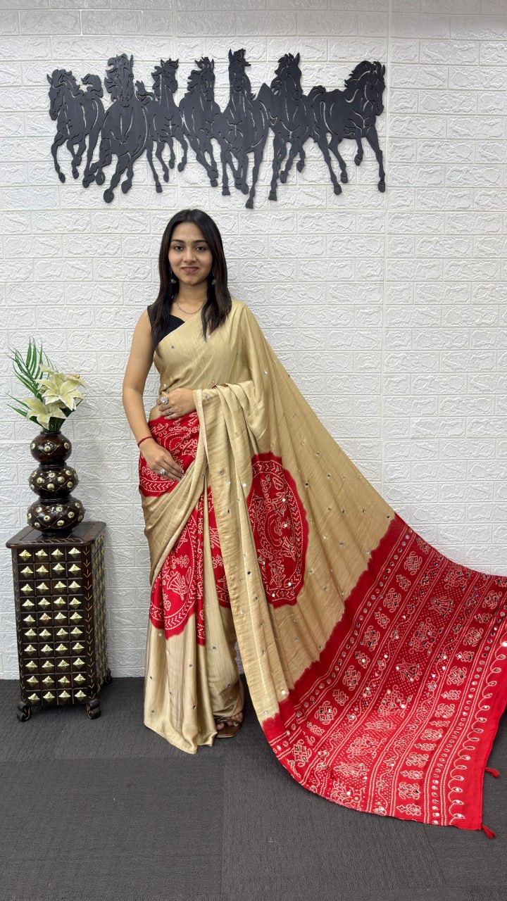 Beige Cotton Saree with Red Bandhani Inspired Designer Pallu