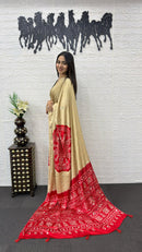 Beige Cotton Saree with Red Bandhani Inspired Designer Pallu