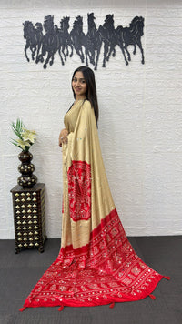 Beige Cotton Saree with Red Bandhani Inspired Designer Pallu