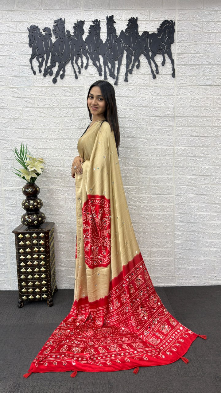 Beige Cotton Saree with Red Bandhani Inspired Designer Pallu